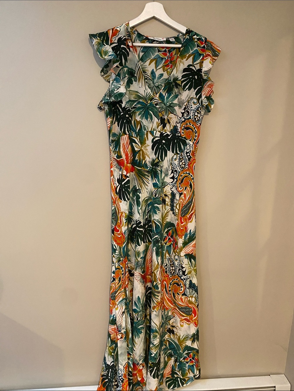 Robert Graham Silk Viscose Tropical Print Maxi Dress with Ruffle Sleeves - Multi